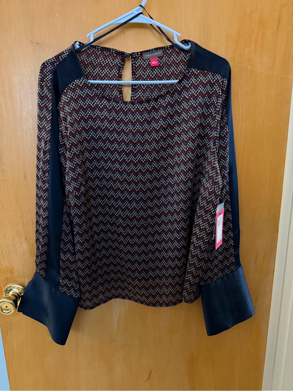 Vince Camuto Chevron Print Long-Sleeve Blouse in Black and Burgundy